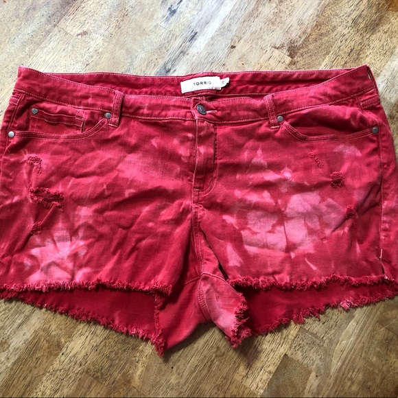 torrid Pants - Torrid Red Tie Dye Distressed Cut Off Jean Shorts 24w EUC